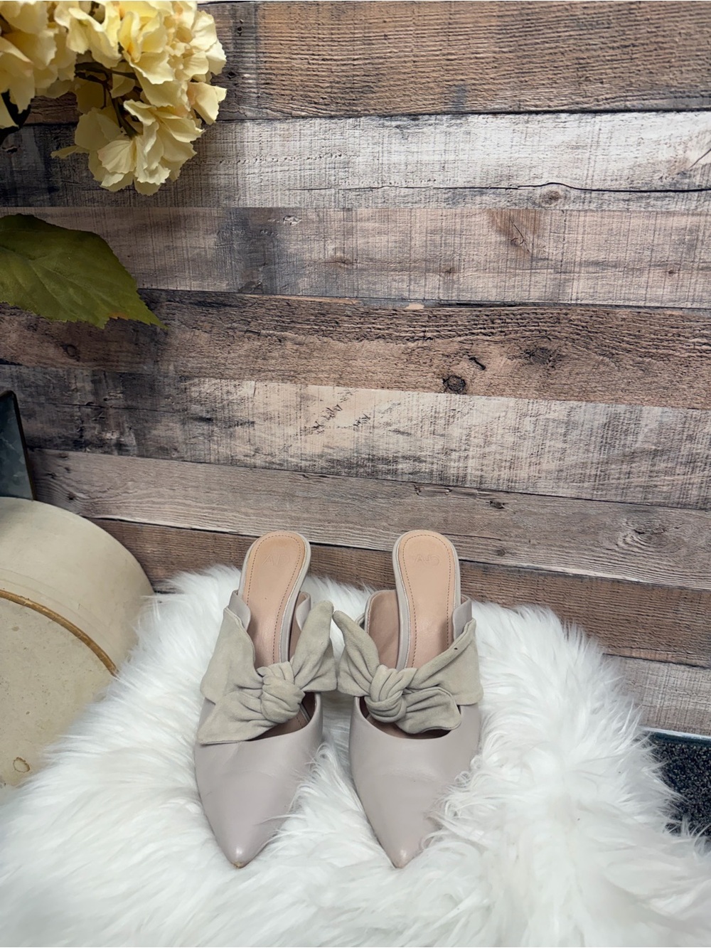 Knot-Front Pointed Toe Mule in Light Taupe
